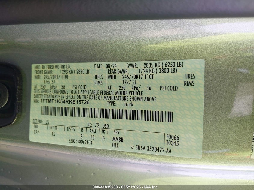 2024 FORD F-150 VIN: 1FTMF1K54RKE15726
