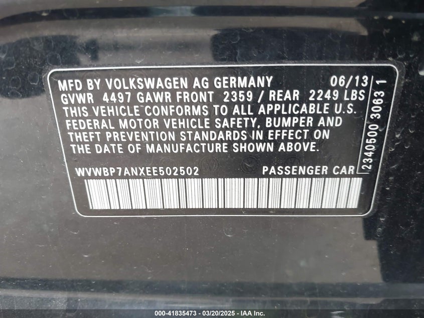 2014 VOLKSWAGEN CC VIN: WVWBP7ANXEE502502