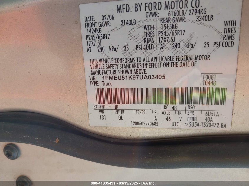 2007 FORD EXPLORER SPORT TRAC VIN: 1FMEU51K97UA03405