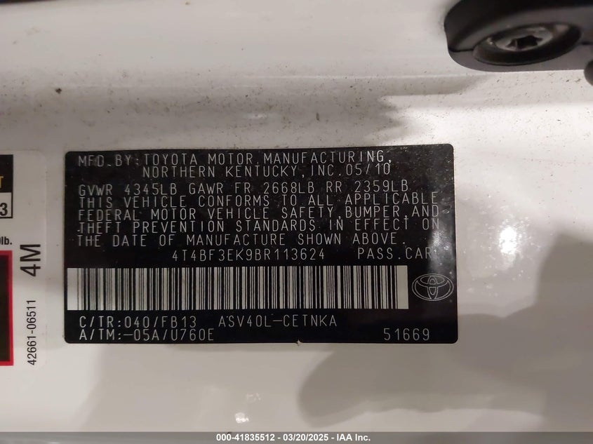 2011 TOYOTA CAMRY VIN: 4T4BF3EK9BR113624