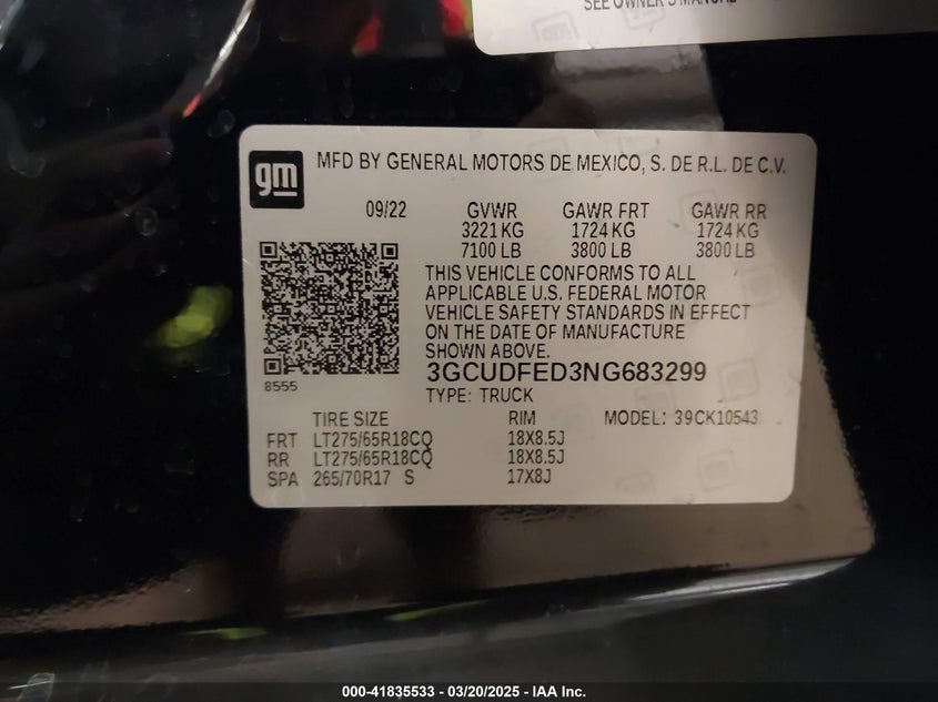 2022 CHEVROLET SILVERADO 1500 VIN: 3GCUDFED3NG683299