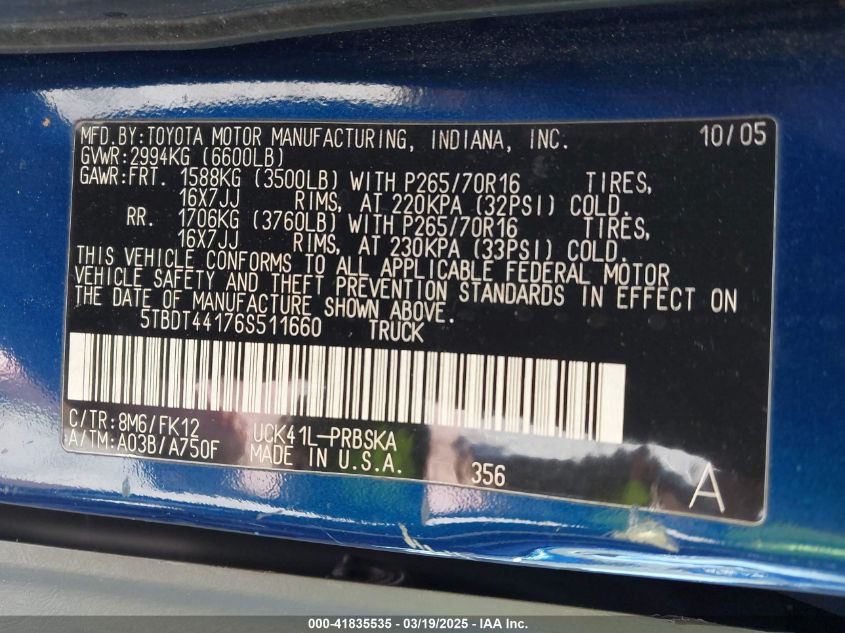 2006 Toyota Tundra Darrell Waltrip Edition/Sr5 V8 VIN: 5TBDT44176S577660 Lot: 41835535