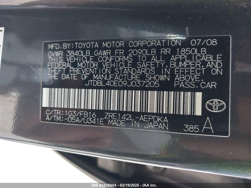2009 TOYOTA COROLLA VIN: JTDBL40E09J037205