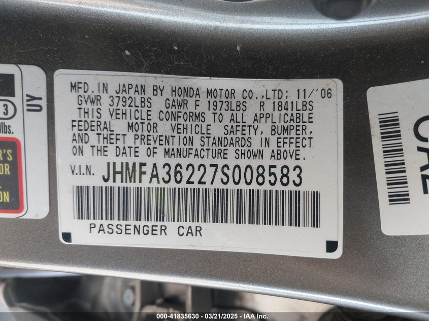 2007 HONDA CIVIC HYBRID VIN: JHMFA36227S008583