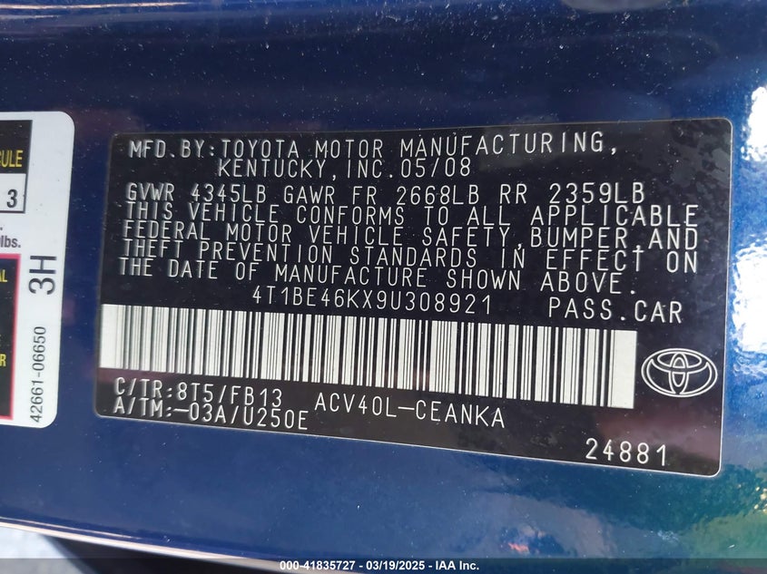 2009 TOYOTA CAMRY VIN: 4T1BE46KX9U308921
