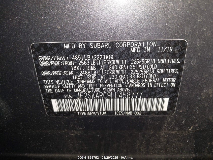 2020 SUBARU FORESTER VIN: JF2SKARC9LH458777