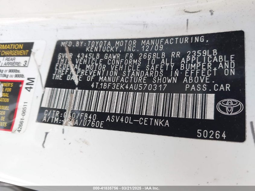 2010 Toyota Camry Le VIN: 4T1BF3EK4AU570317 Lot: 41835756