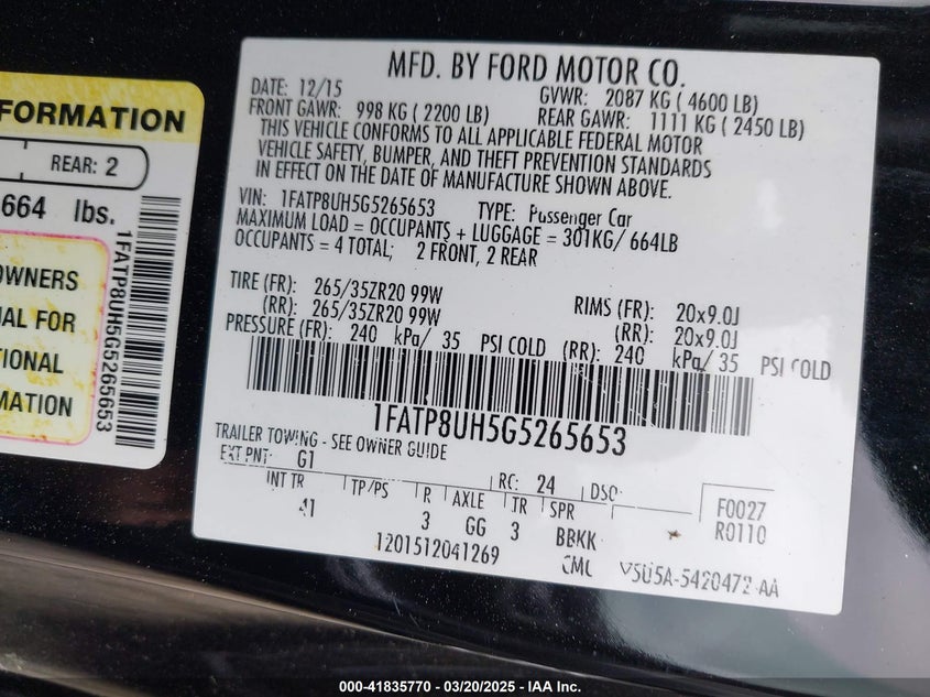 2016 FORD MUSTANG VIN: 1FATP8UH5G5265653