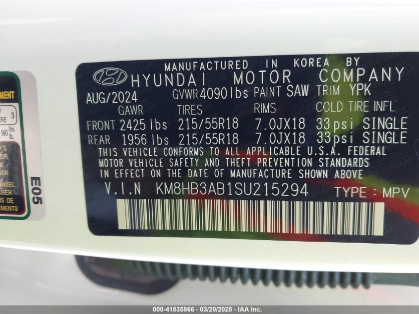 2025 Hyundai Kona Sel VIN: KM8HB3AB1SU215294 Lot: 41835866