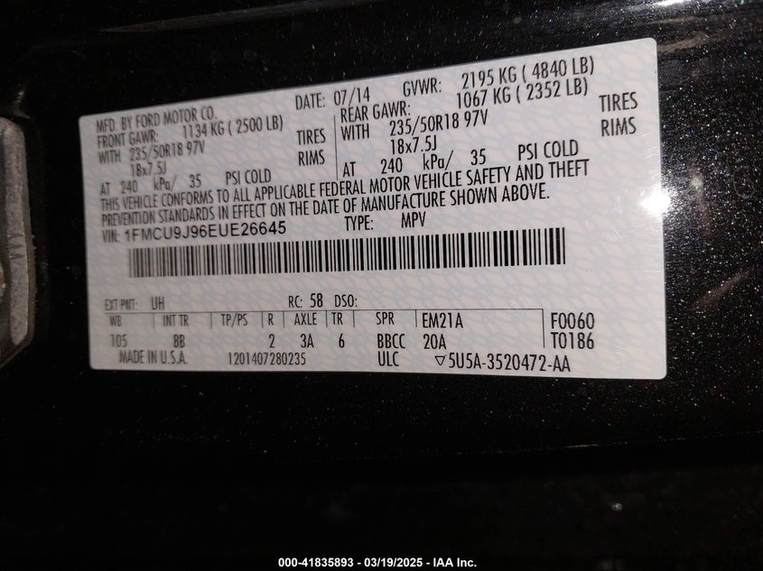 2014 FORD ESCAPE VIN: 1FMCU9J96EUE26645