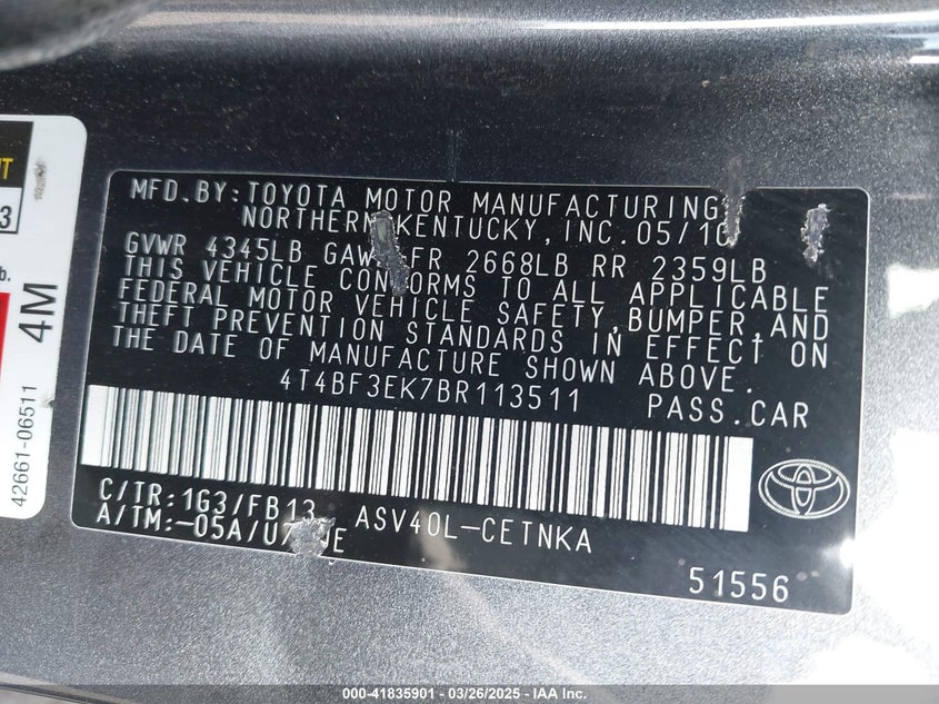 2011 TOYOTA CAMRY VIN: 4T4BF3EK7BR113511