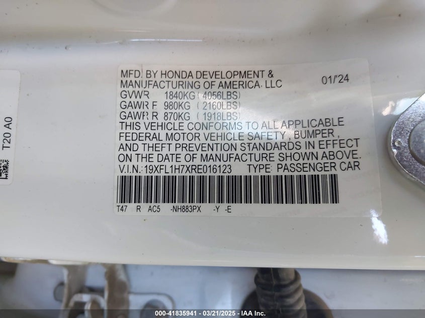 2024 HONDA CIVIC VIN: 19XFL1H7XRE016123