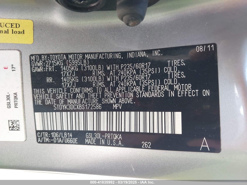 2011 TOYOTA SIENNA VIN: 5TDYK3DCXBS172586
