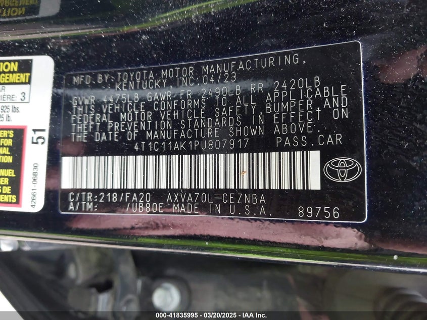 2023 TOYOTA CAMRY VIN: 4T1C11AK1PU807917