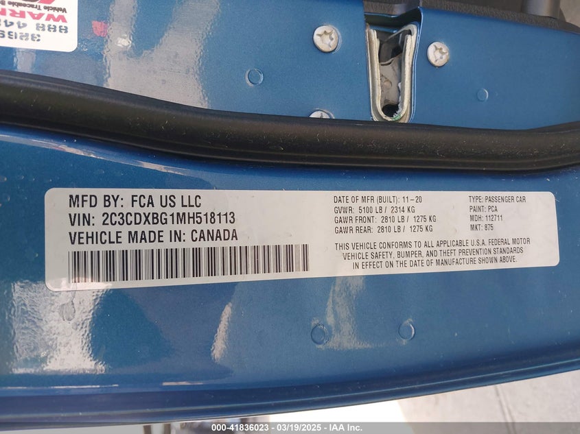 2021 Dodge Charger Sxt Rwd VIN: 2C3CDXBG1MH518113 Lot: 41836023