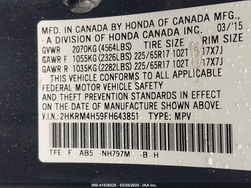 2015 HONDA CR-V EX - 2HKRM4H59FH643851