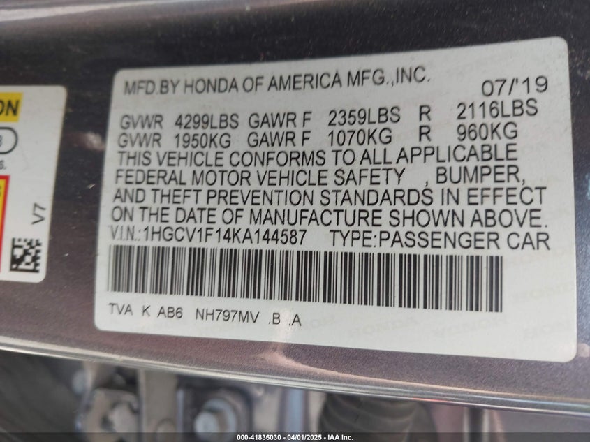 2019 HONDA ACCORD VIN: 1HGCV1F14KA144587