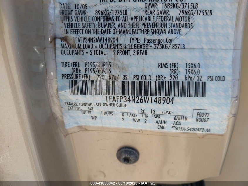 2006 FORD FOCUS VIN: 1FAFP34N26W148904
