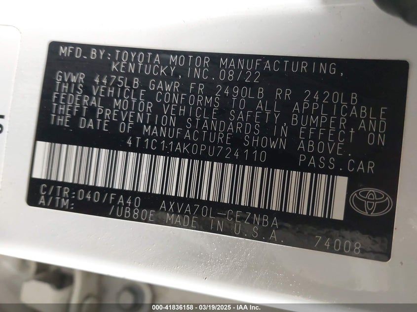2023 TOYOTA CAMRY VIN: 4T1C11AK0PU724110