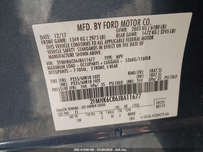 2018 FORD FLEX VIN: 2FMHK6C86JBA11677