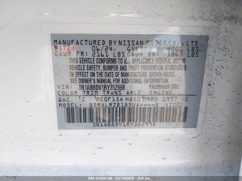 2024 NISSAN SENTRA VIN: 3N1AB8DV1RY382998