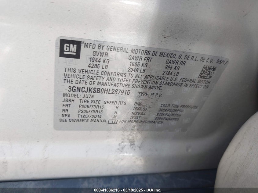 2017 CHEVROLET TRAX LS - 3GNCJKSB0HL287916