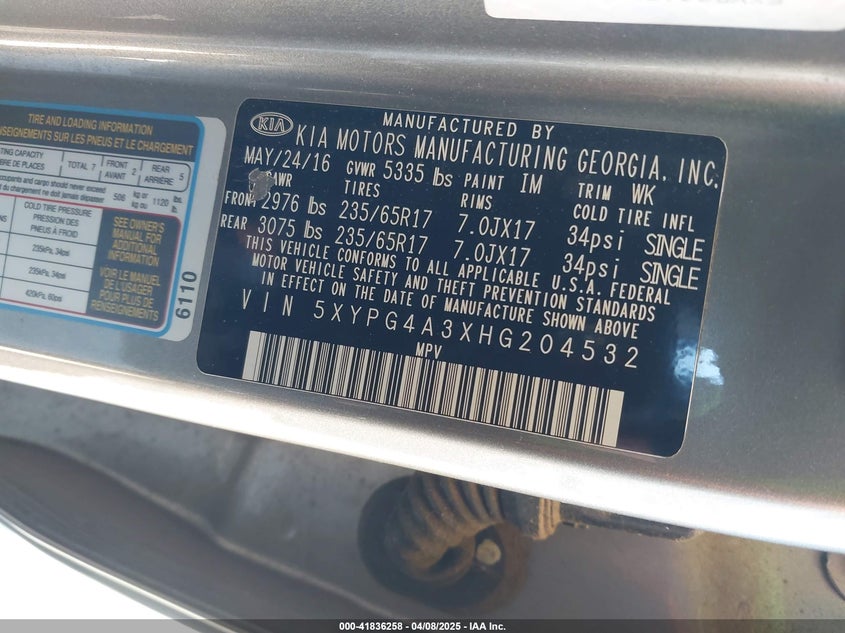 2017 KIA SORENTO VIN: 5XYPG4A3XHG204532