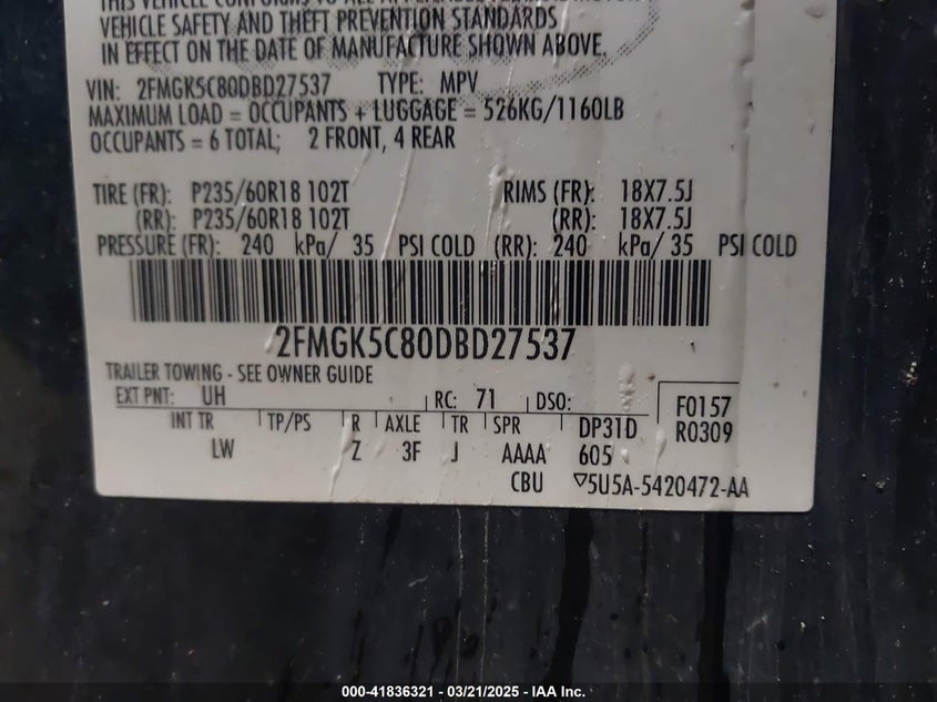 2013 Ford Flex Sel VIN: 2FMGK5C80DBD27537 Lot: 41836321