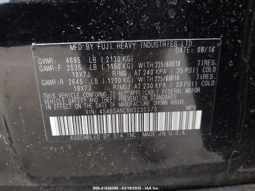 2017 Subaru Outback 2.5I Limited VIN: 4S4BSANC6H3230370 Lot: 41836395