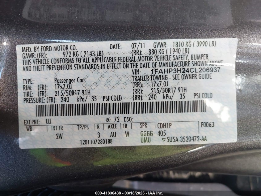 2012 FORD FOCUS VIN: 1FAHP3H24CL206937