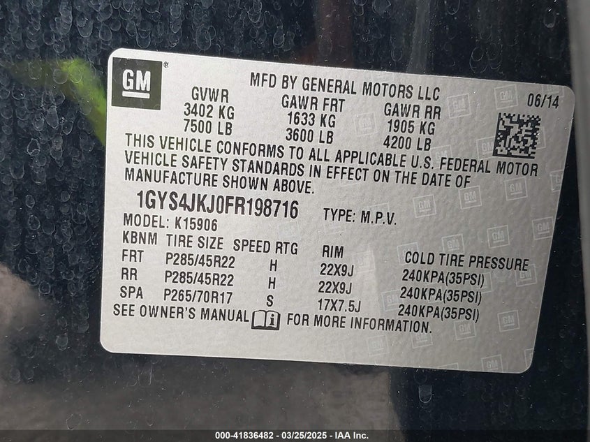 2015 CADILLAC ESCALADE ESV VIN: 1GYS4JKJ0FR198716