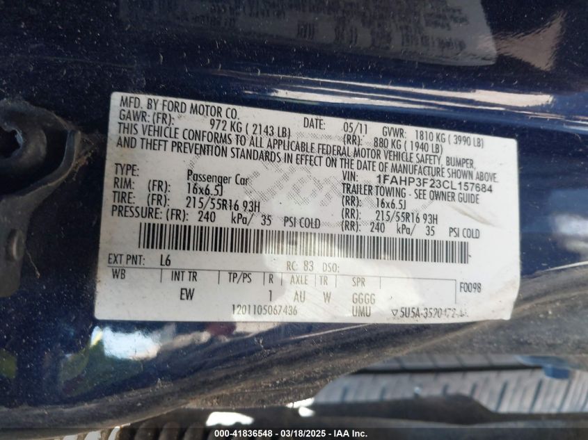 2012 Ford Focus Se VIN: 1FAHP3F23CL157684 Lot: 41836548