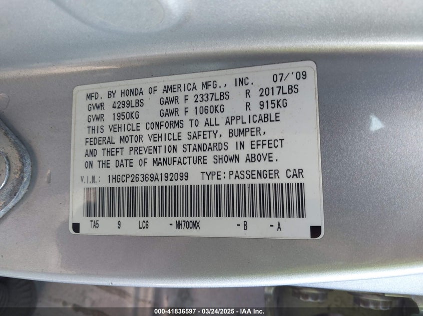 2009 HONDA ACCORD VIN: 1HGCP26369A192099