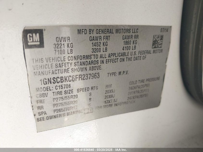 2015 Chevrolet Tahoe Lt VIN: 1GNSCBKC6FR237963 Lot: 41836840