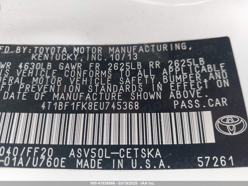 2014 TOYOTA CAMRY VIN: 4T1BF1FK8EU745368
