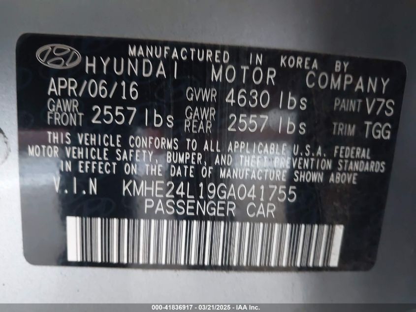 2016 Hyundai Sonata Hybrid Se VIN: KMHE24L19GA041755 Lot: 41836917