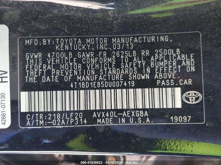 2013 Toyota Avalon Hybrid Xle Premium VIN: 4T1BD1EB5DU007419 Lot: 41836922