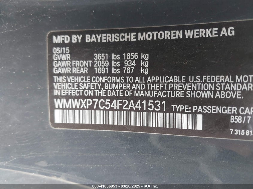 2015 MINI HARDTOP VIN: WMWXP7C54F2A41531