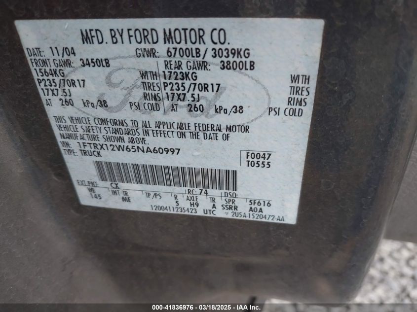 2005 Ford F-150 Stx/Xl/Xlt VIN: 1FTRX12W65NA60997 Lot: 41836976