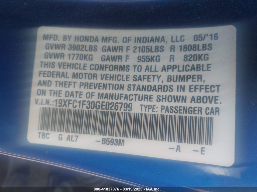 2016 HONDA CIVIC EX-T - 19XFC1F30GE026799