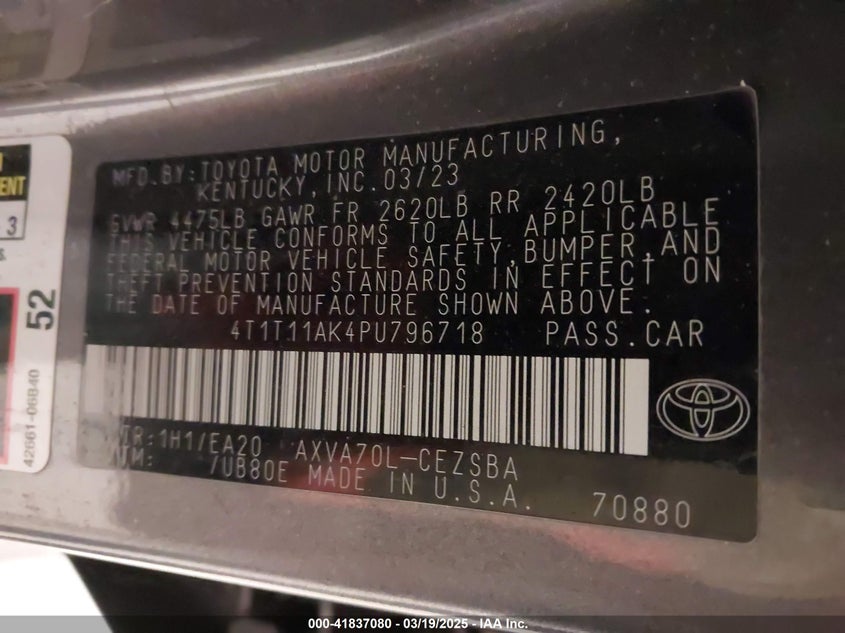 2023 TOYOTA CAMRY VIN: 4T1T11AK4PU796718