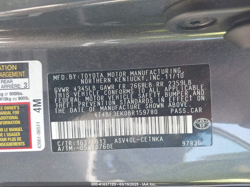 2011 TOYOTA CAMRY VIN: 4T4BF3EK0BR159780