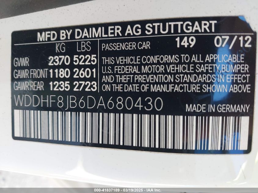 2013 Mercedes-Benz E 350 4Matic VIN: WDDHF8JB6DA680430 Lot: 41837189