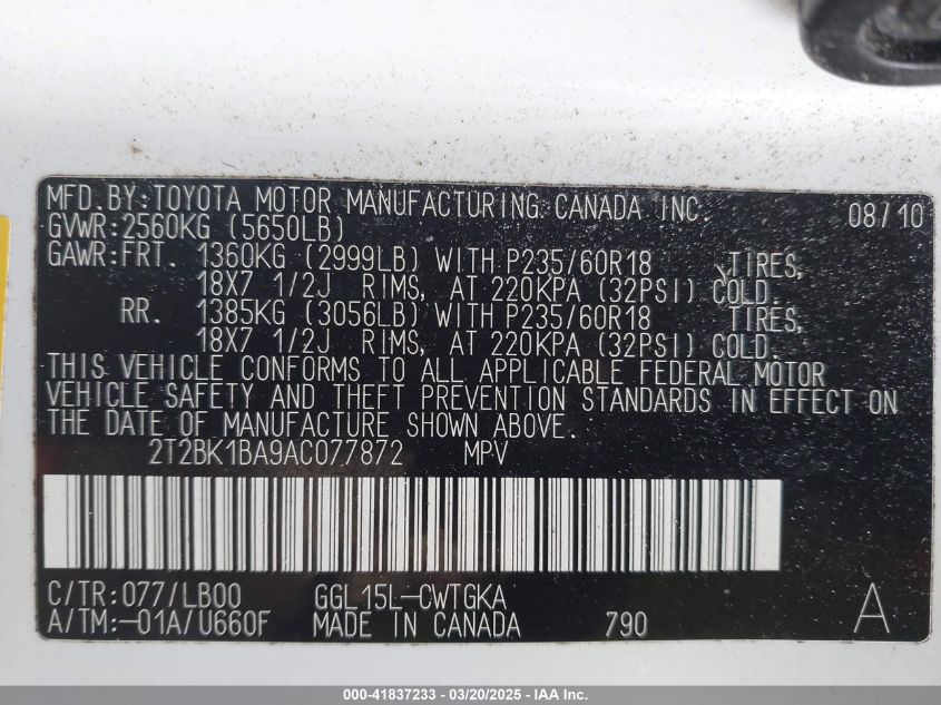 2010 Lexus Rx 350 VIN: 2T2BK1BA9AC077872 Lot: 41837233