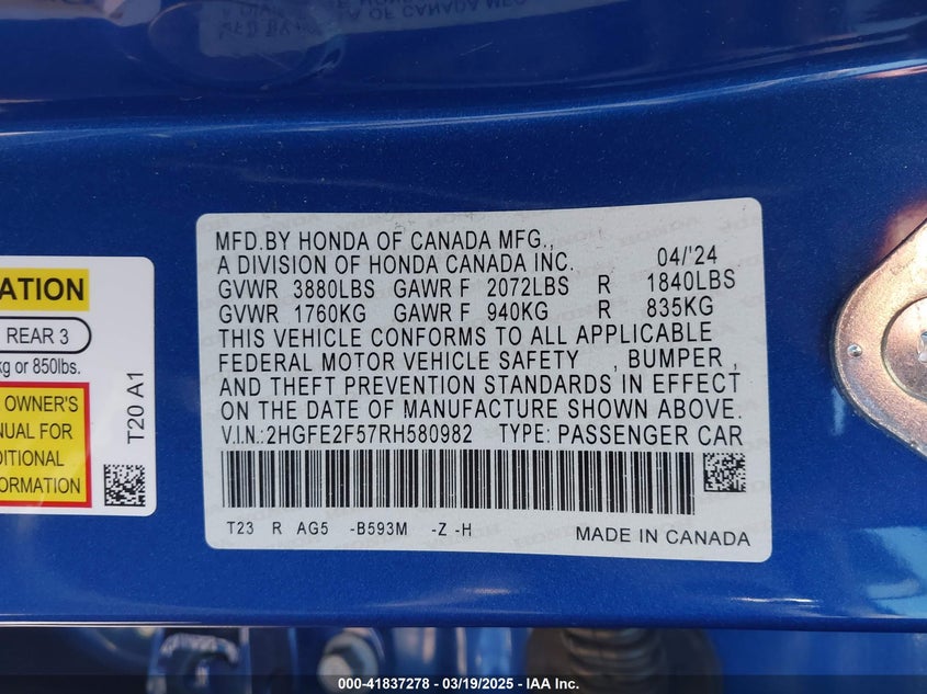 2024 HONDA CIVIC SPORT - 2HGFE2F57RH580982