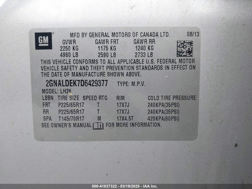 2013 CHEVROLET EQUINOX VIN: 2GNALDEK7D6429377