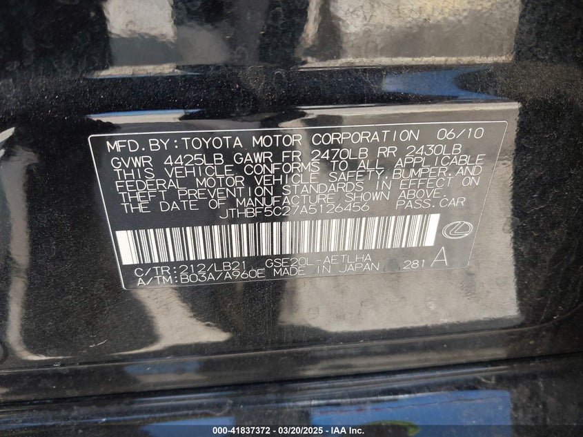 2010 LEXUS IS VIN: JTHBF5C27A5126456