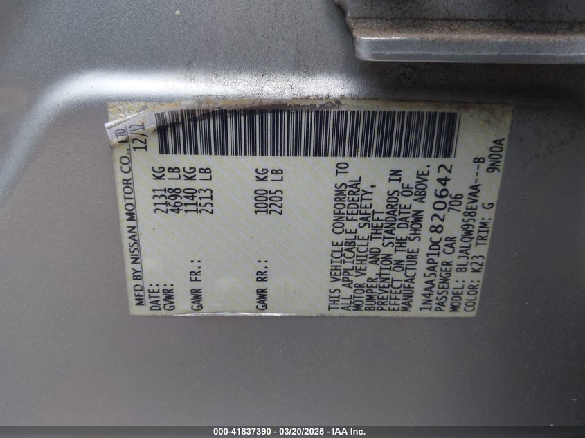 2013 NISSAN MAXIMA VIN: 1N4AA5AP1DC820642