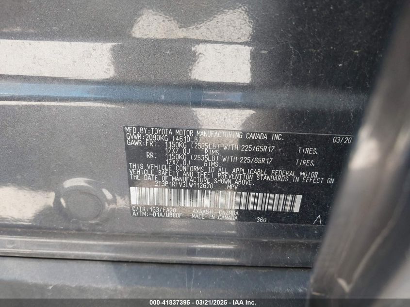 2020 Toyota Rav4 Xle VIN: 2T3P1RFV3LW112620 Lot: 41837395