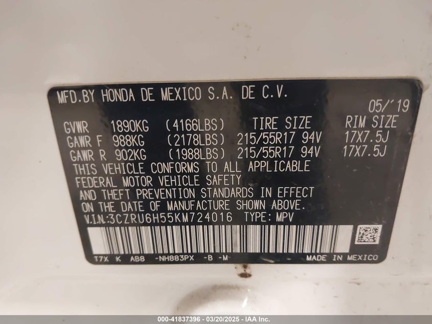 2019 HONDA HR-V VIN: 3CZRU6H55KM724016